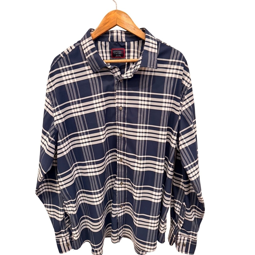 UNTUCKit Delucca Mens XXXL Navy White Plaid Button Down Shirt 41115 Regular Fit